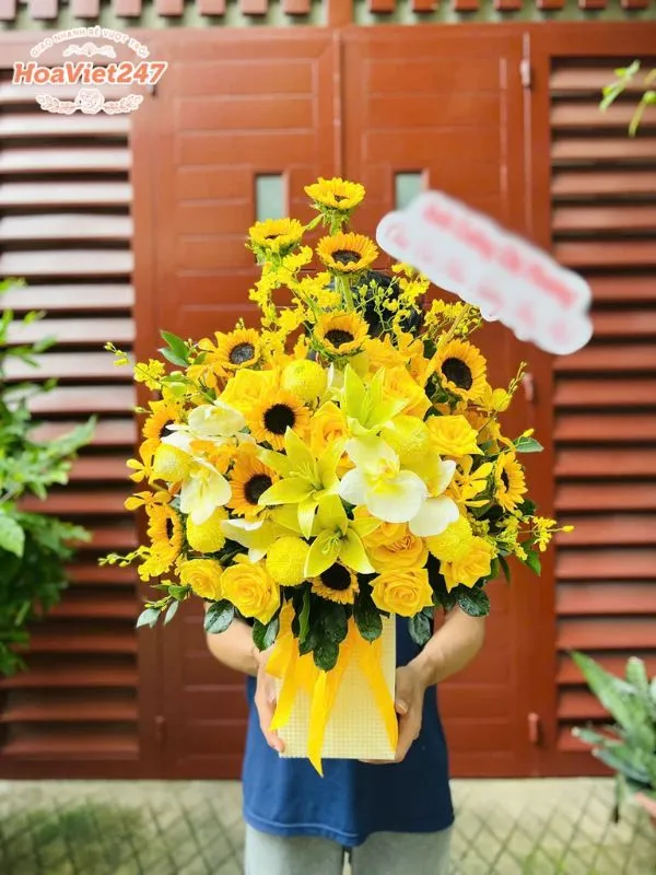 lẵng hoa tông vàng cúng tổ